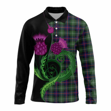 Sutherland Tartan Long Sleeve Polo Shirt Traditional Scottish Thistle