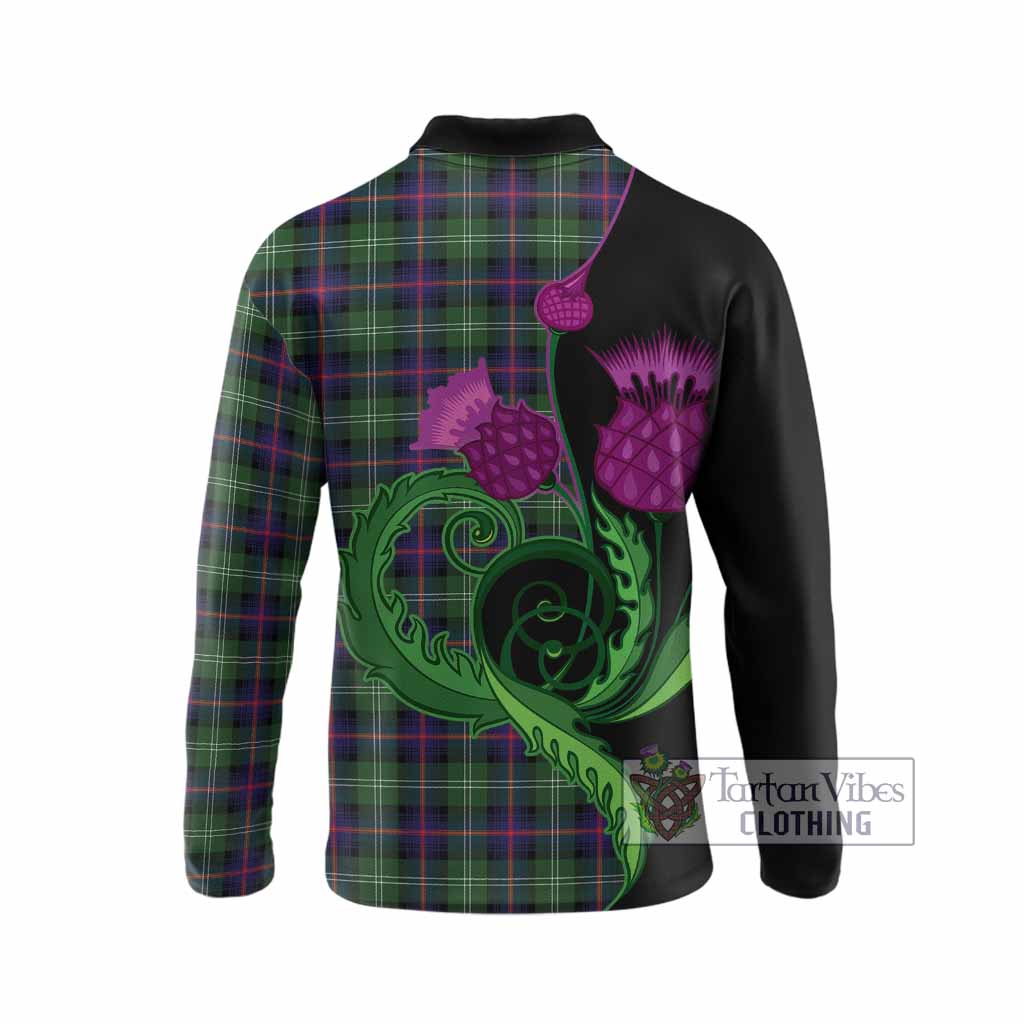 Sutherland Tartan Long Sleeve Polo Shirt Traditional Scottish Thistle