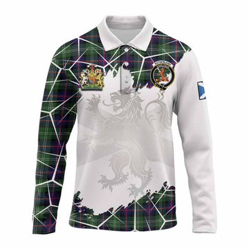Sutherland Tartan Long Sleeve Polo Shirt with Family Crest and Lion Rampant Grunge Style