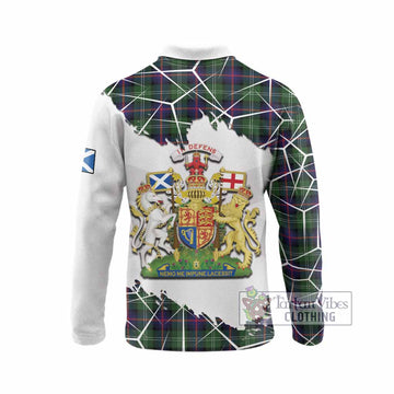 Sutherland Tartan Long Sleeve Polo Shirt with Family Crest and Lion Rampant Grunge Style