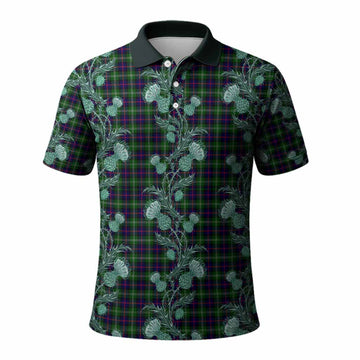 Sutherland Tartan Polo Shirt Seamless Scottish Thistle Flowers