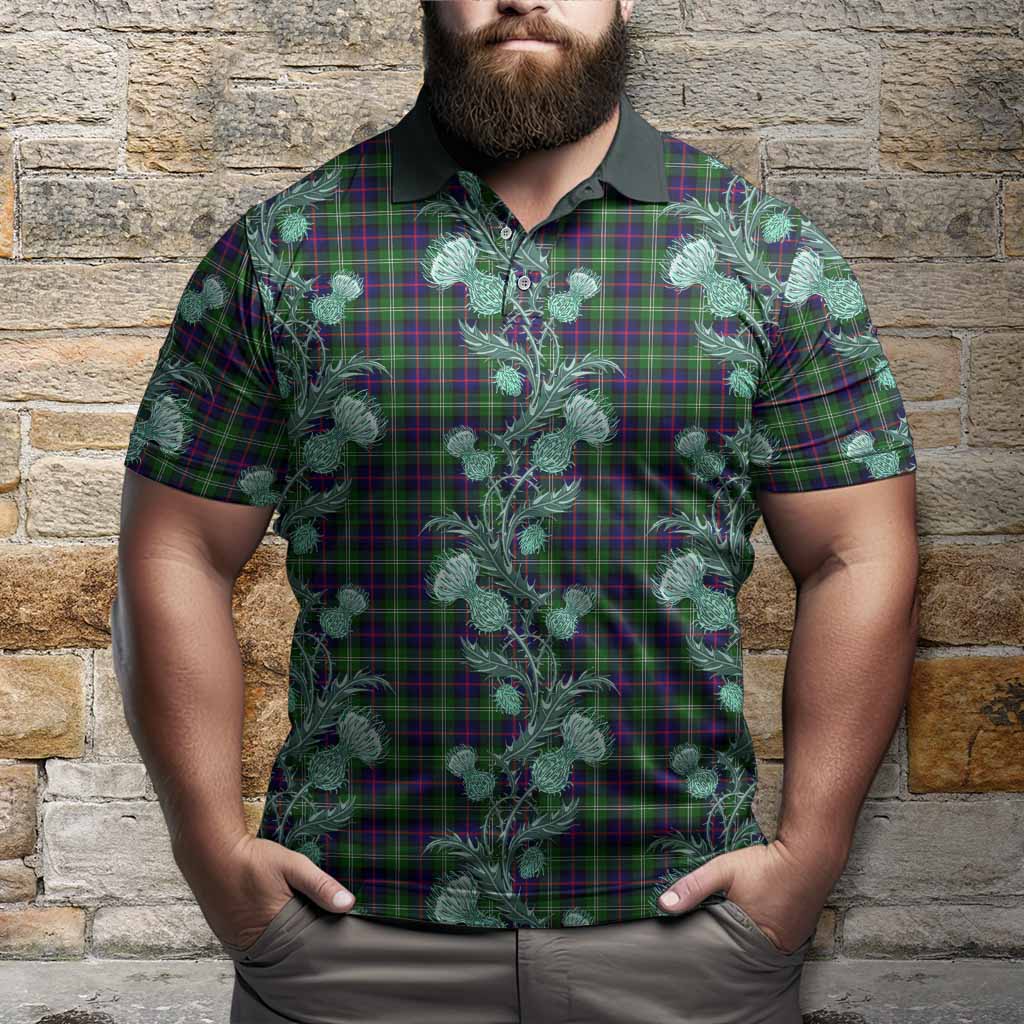 Sutherland Tartan Polo Shirt Seamless Scottish Thistle Flowers