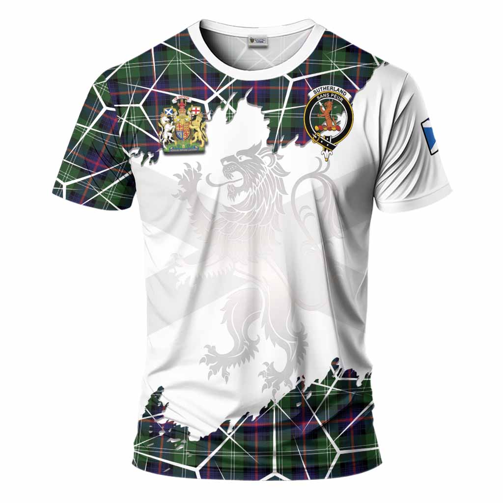 Sutherland Tartan T-Shirt with Family Crest and Lion Rampant Grunge Style