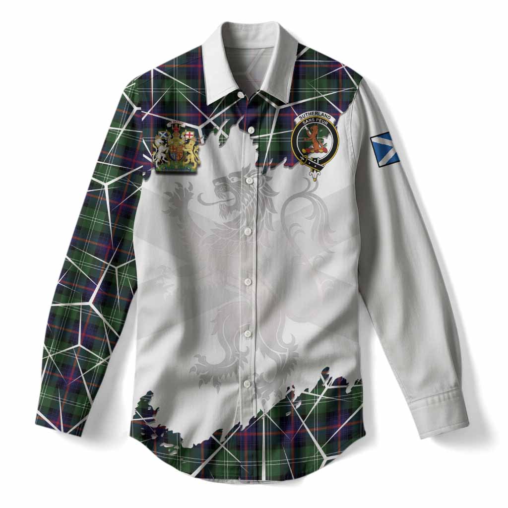 Sutherland Tartan Women Casual Shirt with Family Crest and Lion Rampant Grunge Style