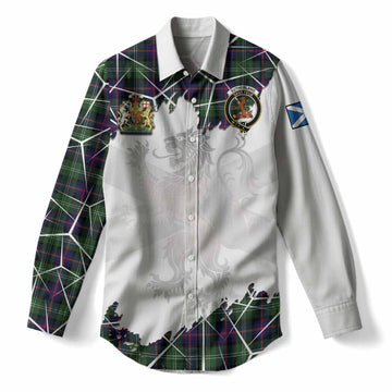 Sutherland Tartan Women Casual Shirt with Family Crest and Lion Rampant Grunge Style