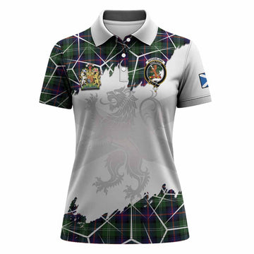 Sutherland Tartan Women Polo Shirt with Family Crest and Lion Rampant Grunge Style
