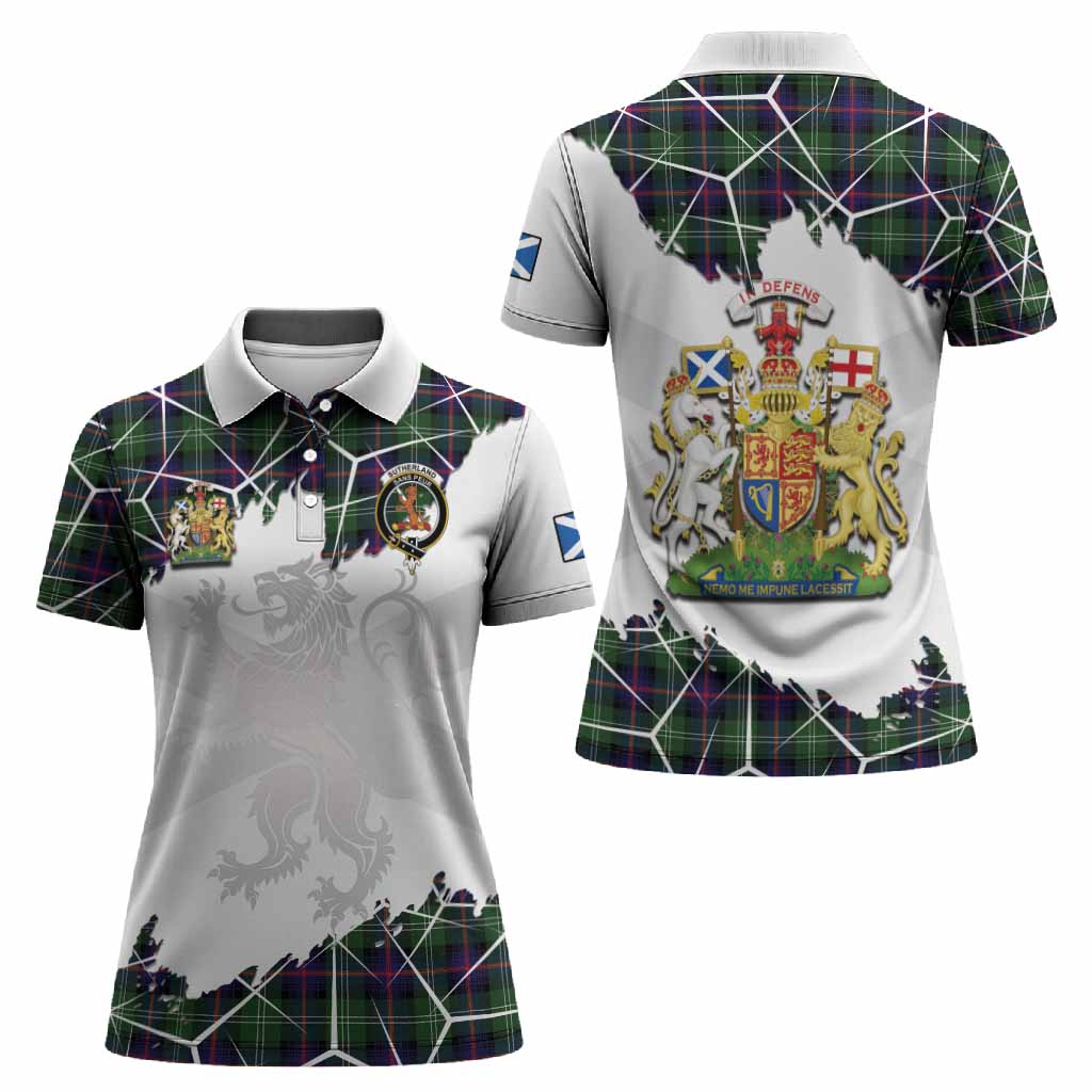 Sutherland Tartan Women Polo Shirt with Family Crest and Lion Rampant Grunge Style