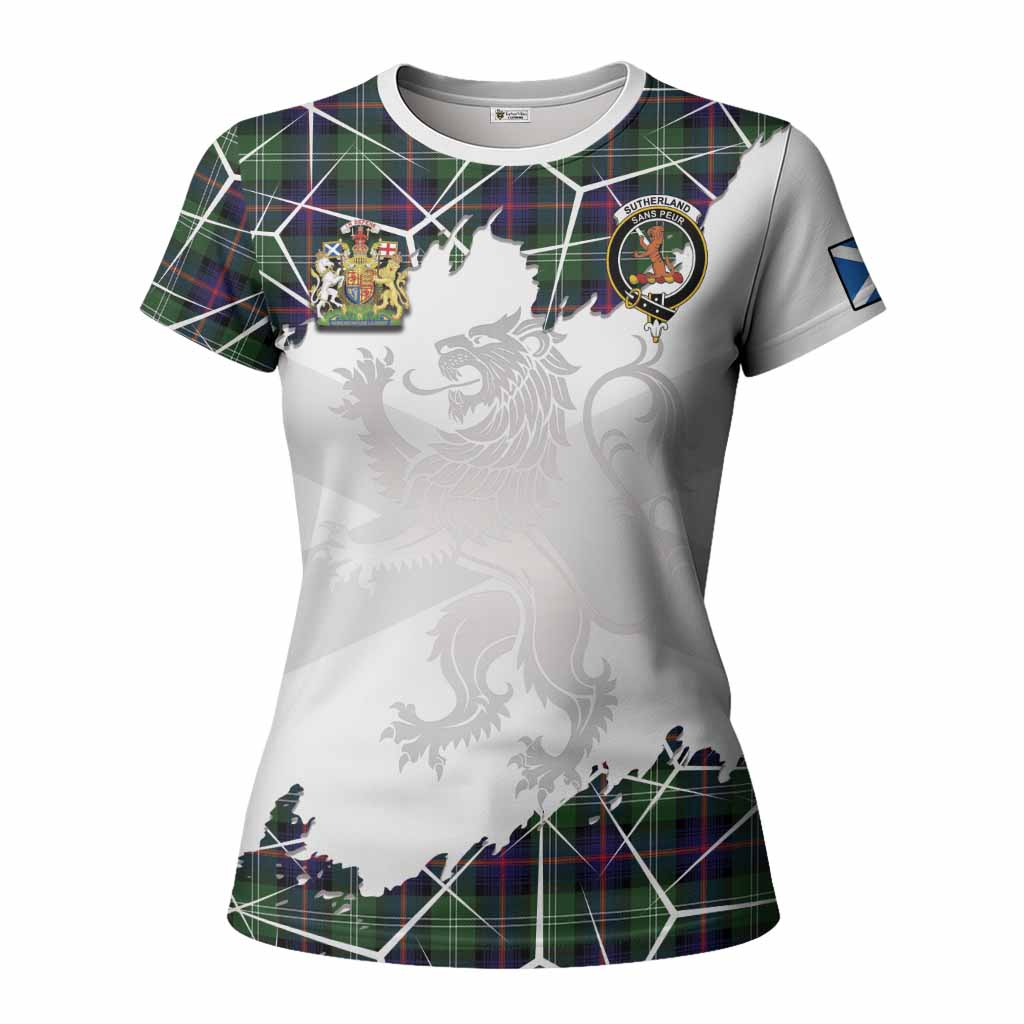 Sutherland Tartan Women T shirt with Family Crest and Lion Rampant Grunge Style