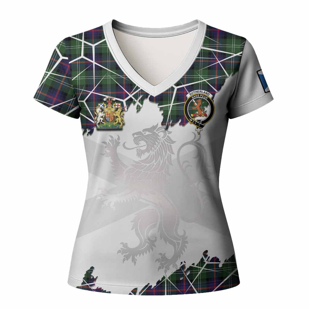 Sutherland Tartan Women T shirt with Family Crest and Lion Rampant Grunge Style