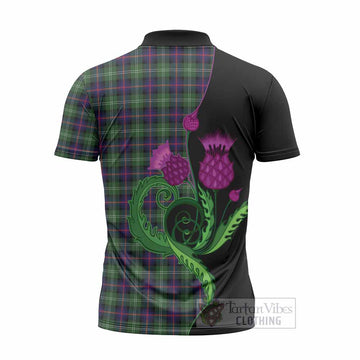 Sutherland Tartan Zipper Polo Shirt Traditional Scottish Thistle