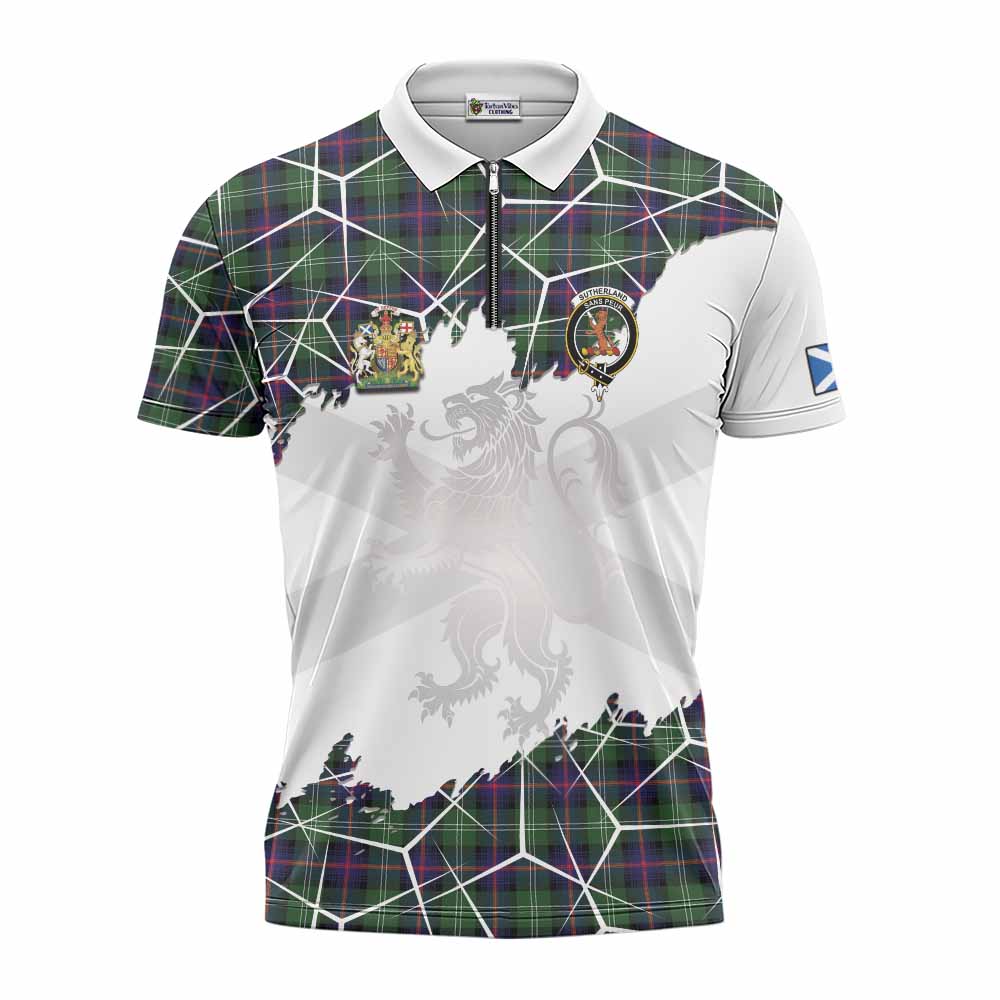 Sutherland Tartan Zipper Polo Shirt with Family Crest and Lion Rampant Grunge Style