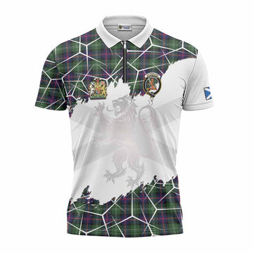 Sutherland Tartan Zipper Polo Shirt with Family Crest and Lion Rampant Grunge Style