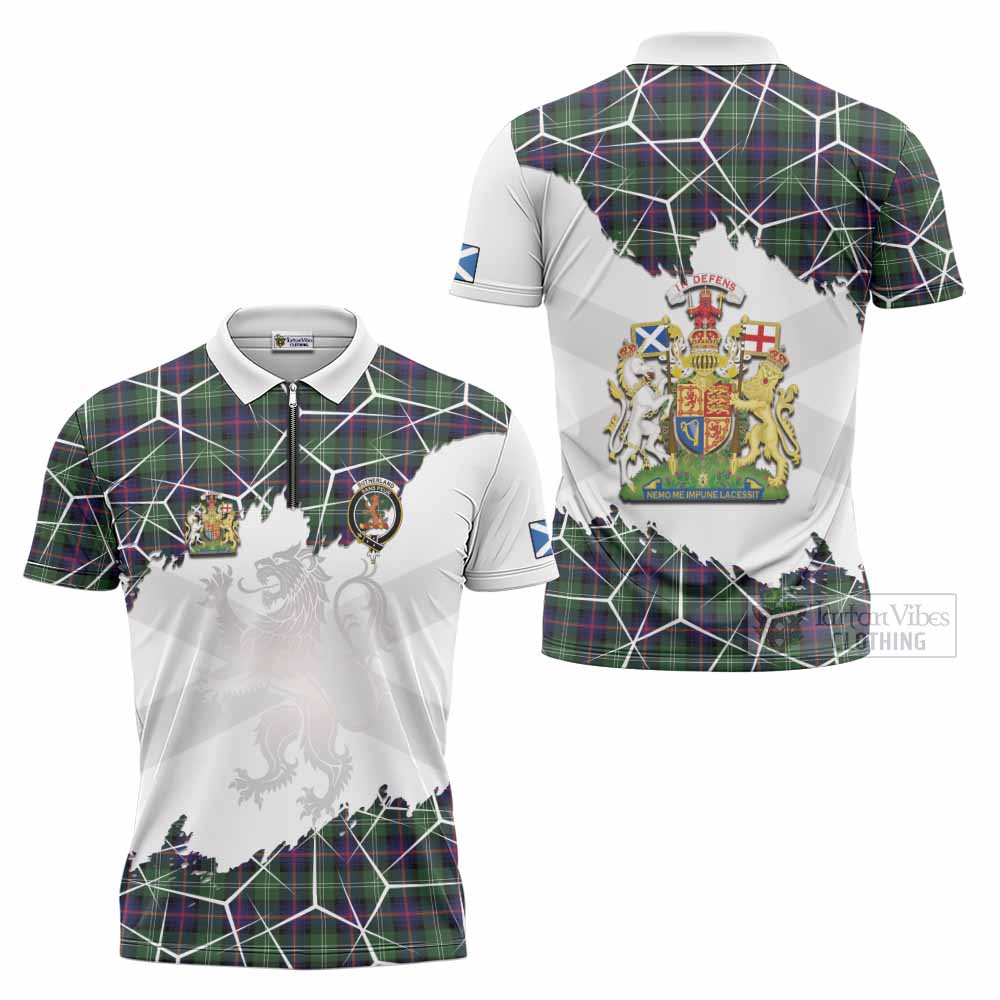 Sutherland Tartan Zipper Polo Shirt with Family Crest and Lion Rampant Grunge Style