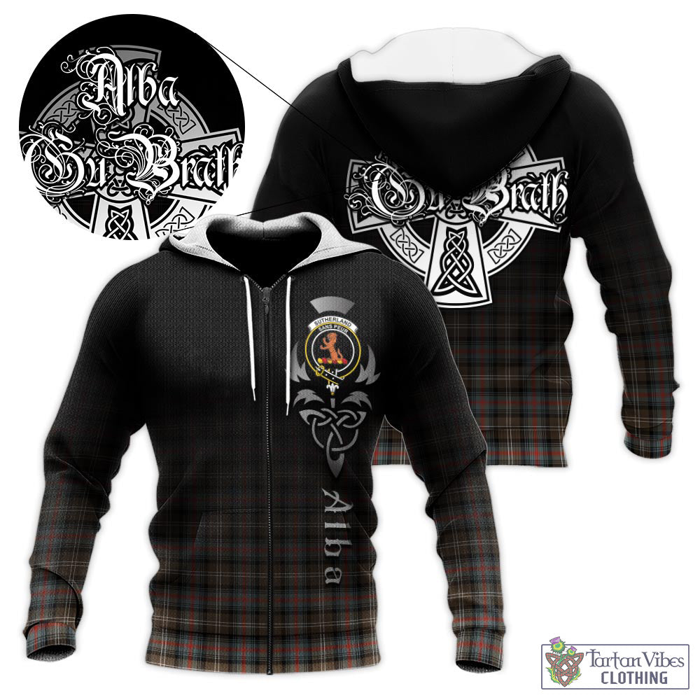 Tartan Vibes Clothing Sutherland Weathered Tartan Knitted Hoodie Featuring Alba Gu Brath Family Crest Celtic Inspired