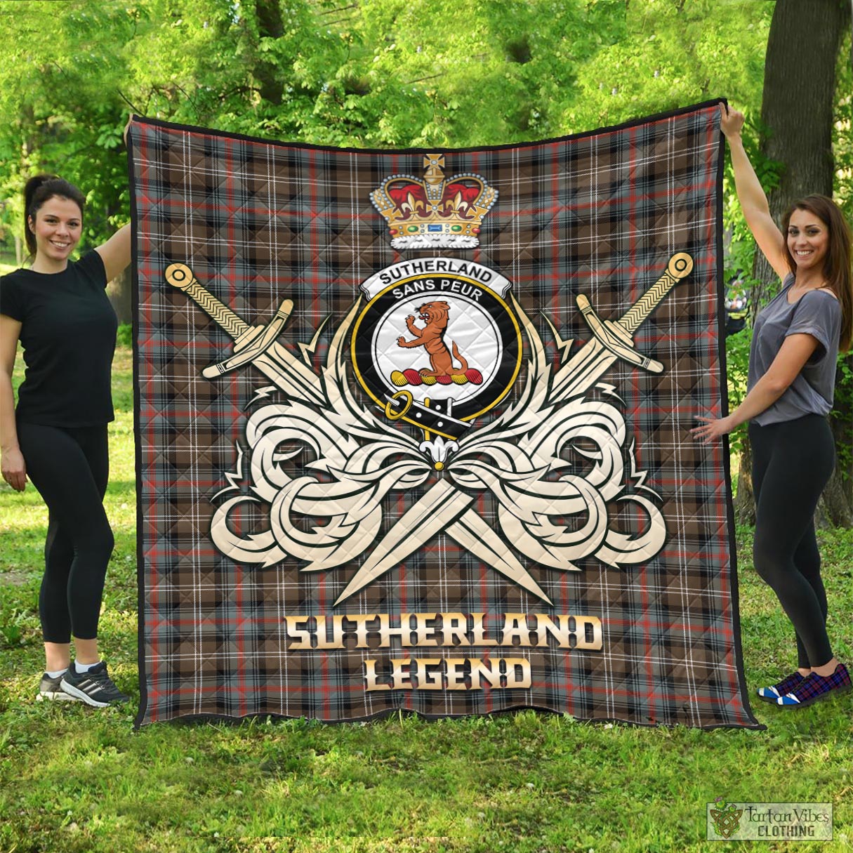 Tartan Vibes Clothing Sutherland Weathered Tartan Quilt with Clan Crest and the Golden Sword of Courageous Legacy