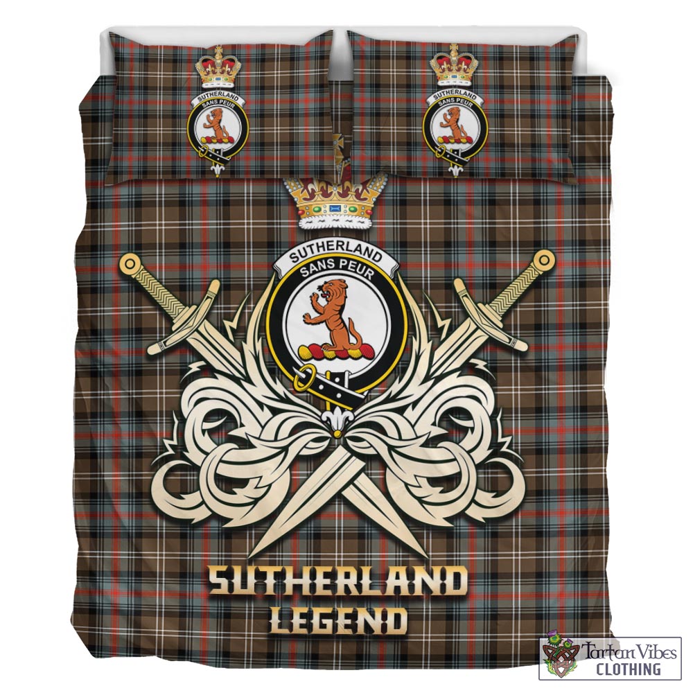Tartan Vibes Clothing Sutherland Weathered Tartan Bedding Set with Clan Crest and the Golden Sword of Courageous Legacy