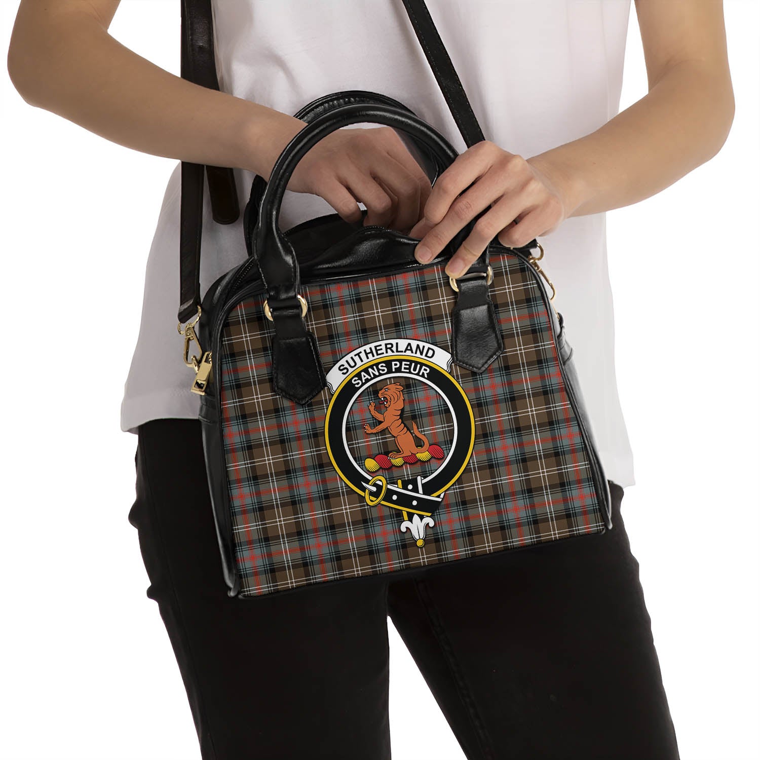 Sutherland Weathered Tartan Shoulder Handbags with Family Crest - Tartanvibesclothing