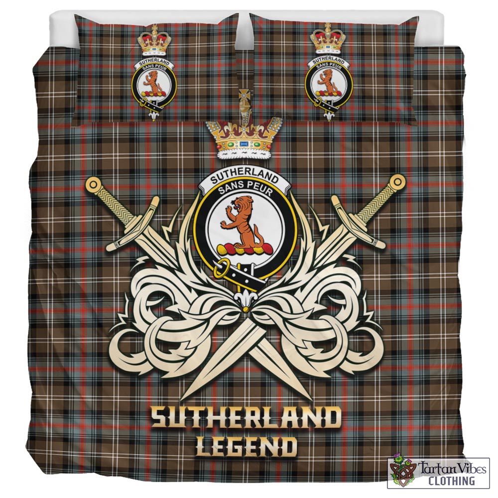 Tartan Vibes Clothing Sutherland Weathered Tartan Bedding Set with Clan Crest and the Golden Sword of Courageous Legacy