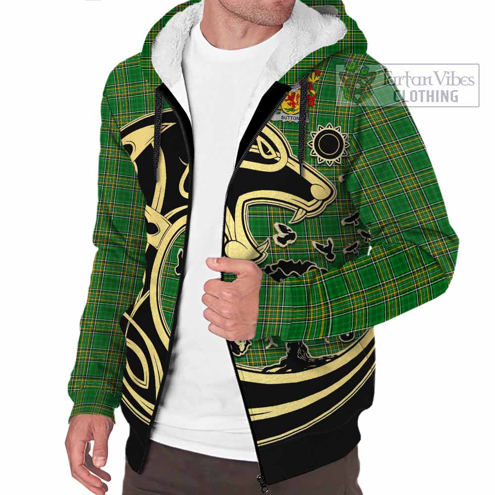 Sutton Irish Tartan Sherpa Hoodie with Coat of Arms Celtic Wolf Style - Tartan Vibes Clothing