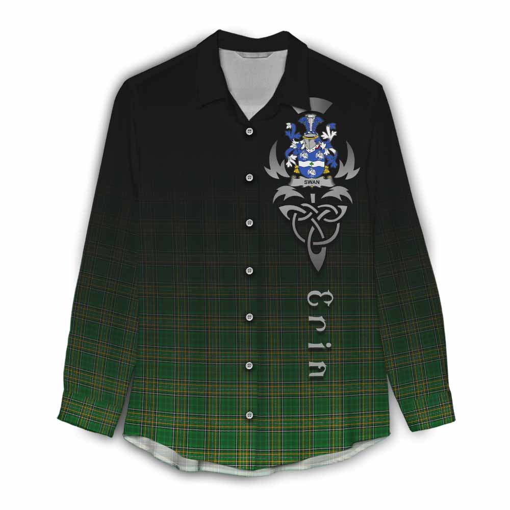 Tartan Vibes Clothing Swan Irish Clan Women's Casual Shirt with Coat of Arms Erin Go Bragh Celtic Inspired