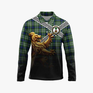 Swinton Crest Tartan Long Sleeve Polo Shirt with Golden Lion Emblem Celtic Style Unisex - Tartan Vibes Clothing