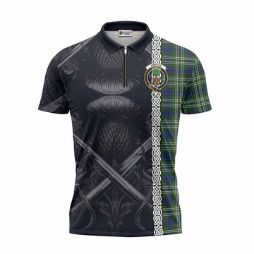 Swinton Tartan Zipper Polo Shirt with Family Crest Cross Sword Thistle Celtic Vibes Unisex - Tartan Vibes Clothing