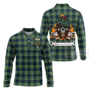 Swinton Tartan Long Sleeve Polo Shirt with Family Crest and Bearded Skull Holding Bottles of Whiskey Unisex - Tartan Vibes Clothing