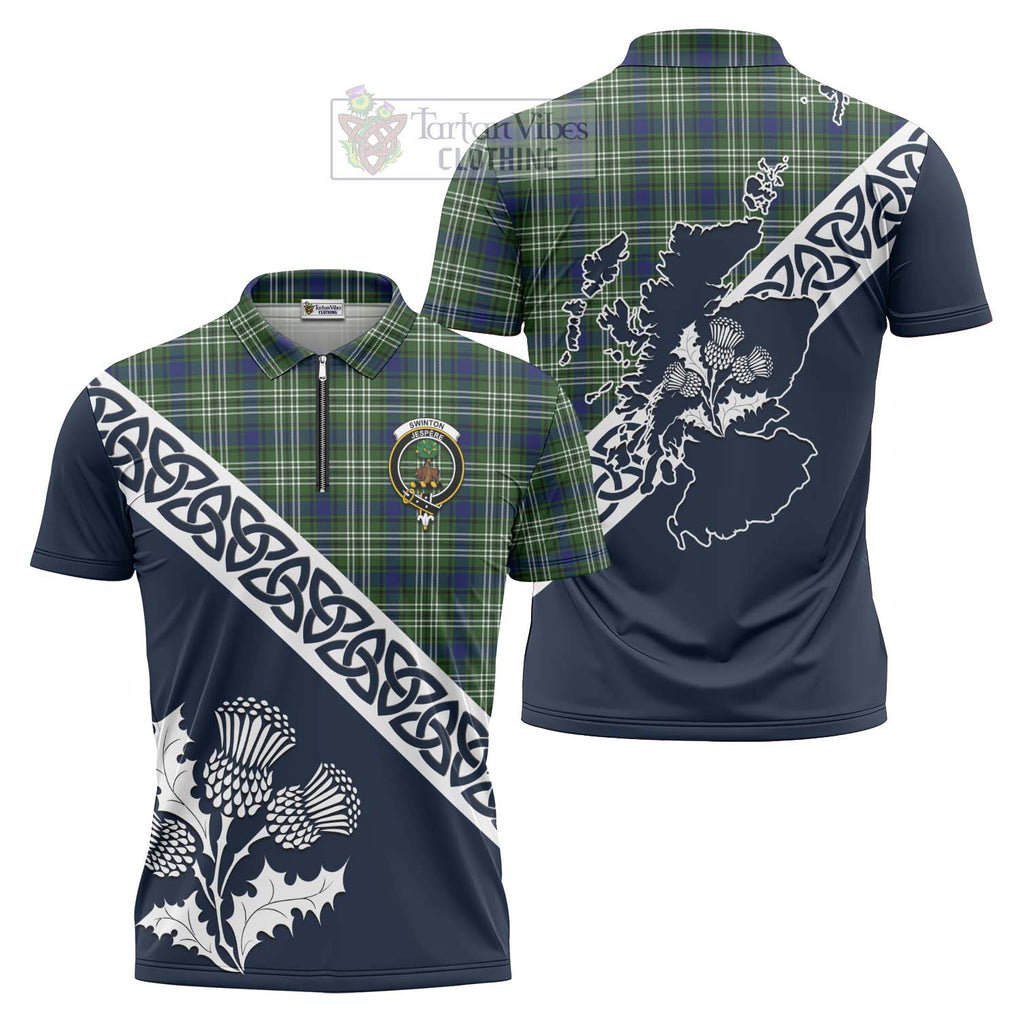 Swinton Tartan Zipper Polo Shirt Featuring Thistle and Scotland Map Unisex - Tartanvibesclothing Store