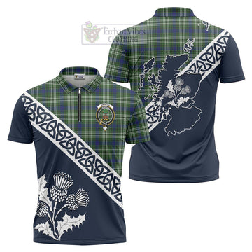 Swinton Tartan Zipper Polo Shirt Featuring Thistle and Scotland Map Unisex - Tartanvibesclothing Store