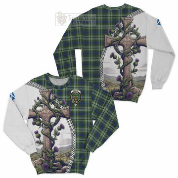 Swinton Tartan Sweatshirt with Family Crest and St. Andrew's Cross Accented by Thistle Vines Unisex - Tartan Vibes Clothing