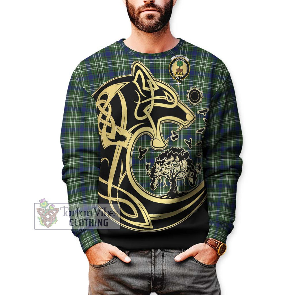Swinton Tartan Sweatshirt with Family Crest Celtic Wolf Style Unisex - Tartan Vibes Clothing