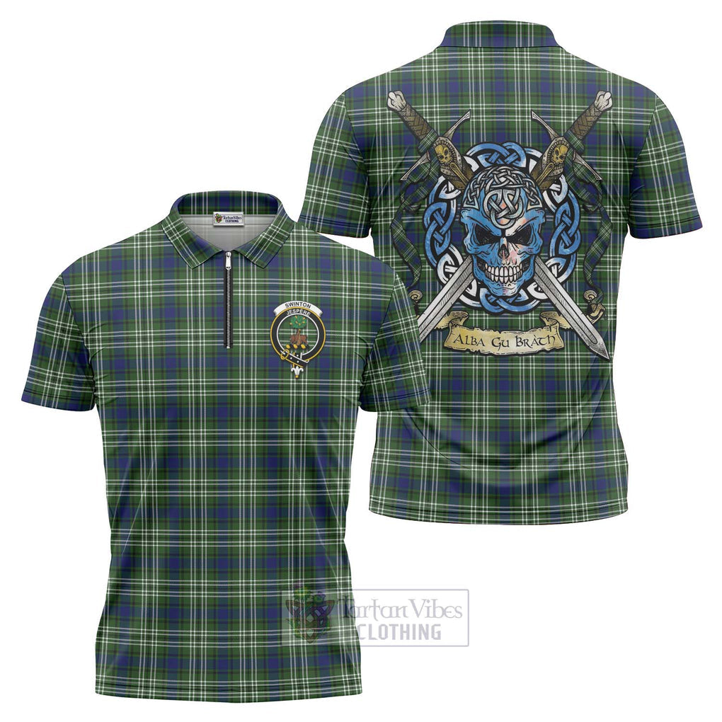 Swinton Tartan Zipper Polo Shirt with Family Crest Celtic Skull Style Unisex - Tartan Vibes Clothing