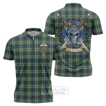 Swinton Tartan Zipper Polo Shirt with Family Crest Celtic Skull Style Unisex - Tartan Vibes Clothing