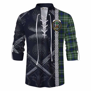 Swinton Tartan Ghillie Kilt Shirt with Family Crest Cross Sword Thistle Celtic Vibes Men - Tartan Vibes Clothing