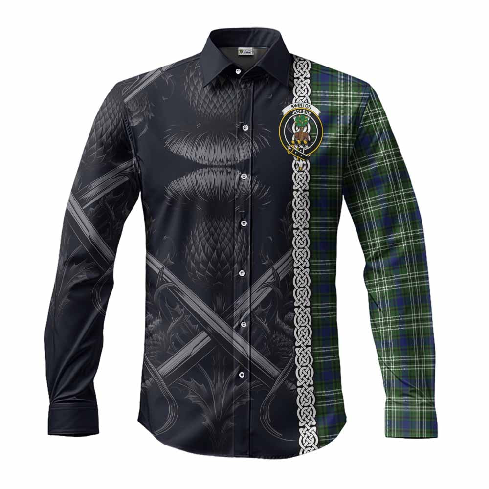 Tartan Vibes Clothing Swinton Tartan Long Sleeve Button Shirt with Family Crest Cross Sword Thistle Celtic Vibes