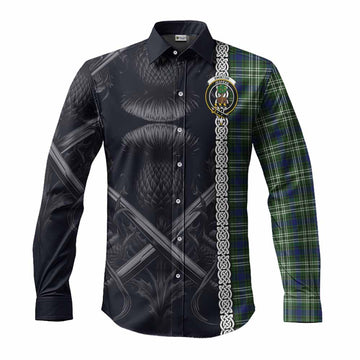 Tartan Vibes Clothing Swinton Tartan Long Sleeve Button Shirt with Family Crest Cross Sword Thistle Celtic Vibes