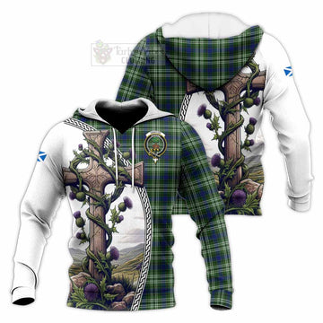 Swinton Tartan Knitted Hoodie with Family Crest and St. Andrew's Cross Accented by Thistle Vines Unisex Knitted Pullover Hoodie - Tartan Vibes Clothing