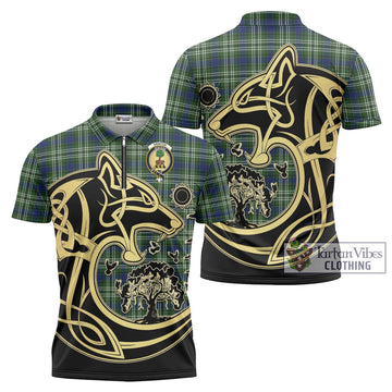 Swinton Tartan Zipper Polo Shirt with Family Crest Celtic Wolf Style Unisex - Tartan Vibes Clothing