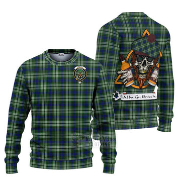 Swinton Tartan Ugly Sweater with Family Crest and Bearded Skull Holding Bottles of Whiskey Unisex - Tartan Vibes Clothing