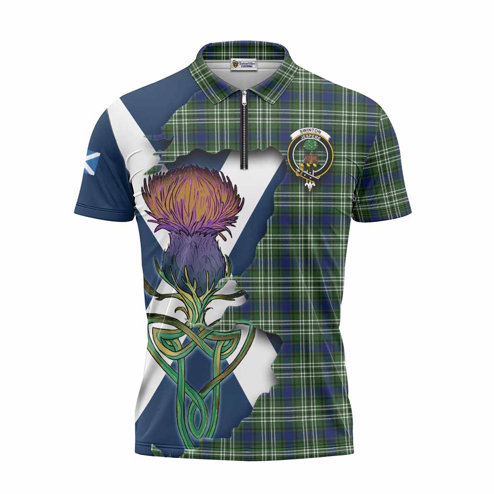 Tartan Vibes Clothing Swinton Tartan Family Crest Zipper Polo Shirt Scottish Thistle Celtic Inspired