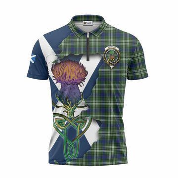 Tartan Vibes Clothing Swinton Tartan Family Crest Zipper Polo Shirt Scottish Thistle Celtic Inspired