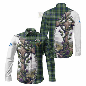 Swinton Tartan Long Sleeve Button Shirt with Family Crest and St. Andrew's Cross Accented by Thistle Vines Men's Shirt S - Tartan Vibes Clothing