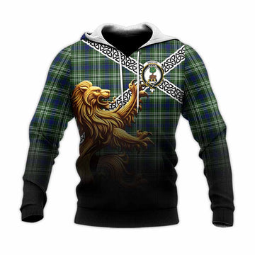 Swinton Crest Tartan Knitted Hoodie with Golden Lion Emblem Celtic Style Unisex Knitted Pullover Hoodie - Tartan Vibes Clothing