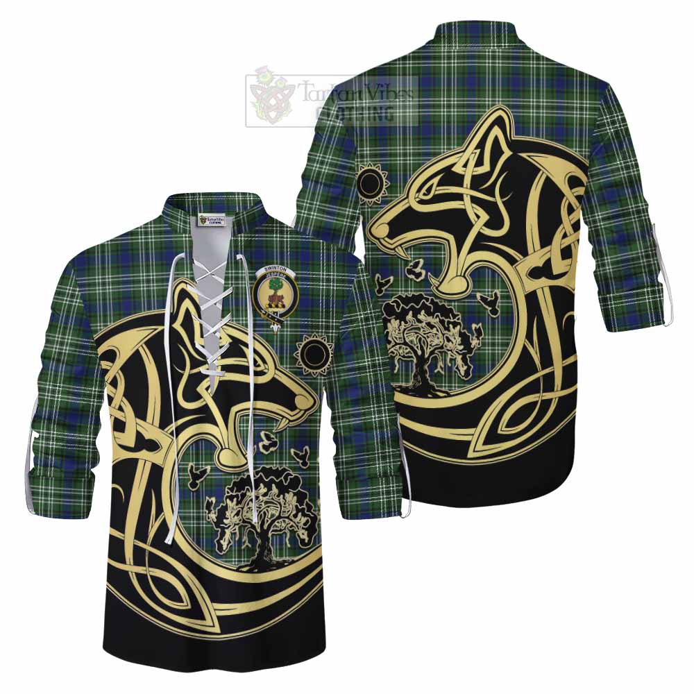 Swinton Tartan Ghillie Kilt Shirt with Family Crest Celtic Wolf Style Men - Tartan Vibes Clothing