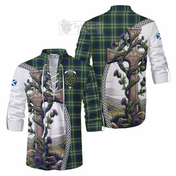 Swinton Tartan Ghillie Kilt Shirt with Family Crest and St. Andrew's Cross Accented by Thistle Vines Men - Tartan Vibes Clothing