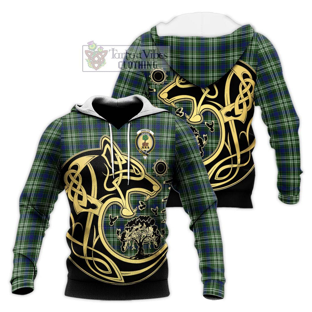 Swinton Tartan Knitted Hoodie with Family Crest Celtic Wolf Style Unisex Knitted Pullover Hoodie - Tartan Vibes Clothing