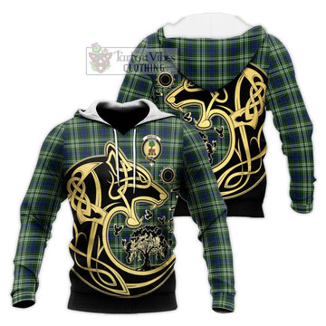 Swinton Tartan Knitted Hoodie with Family Crest Celtic Wolf Style Unisex Knitted Pullover Hoodie - Tartan Vibes Clothing