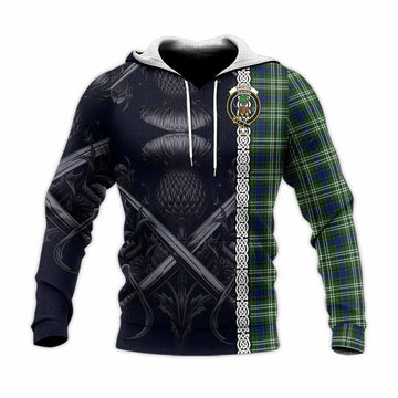 Swinton Tartan Knitted Hoodie with Family Crest Cross Sword Thistle Celtic Vibes Unisex Knitted Pullover Hoodie - Tartan Vibes Clothing