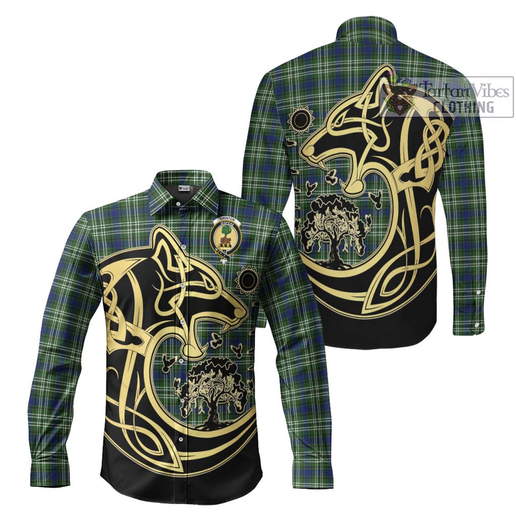 Swinton Tartan Long Sleeve Button Shirt with Family Crest Celtic Wolf Style Men's Shirt S - Tartan Vibes Clothing