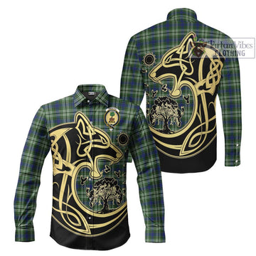 Swinton Tartan Long Sleeve Button Shirt with Family Crest Celtic Wolf Style Men's Shirt S - Tartan Vibes Clothing